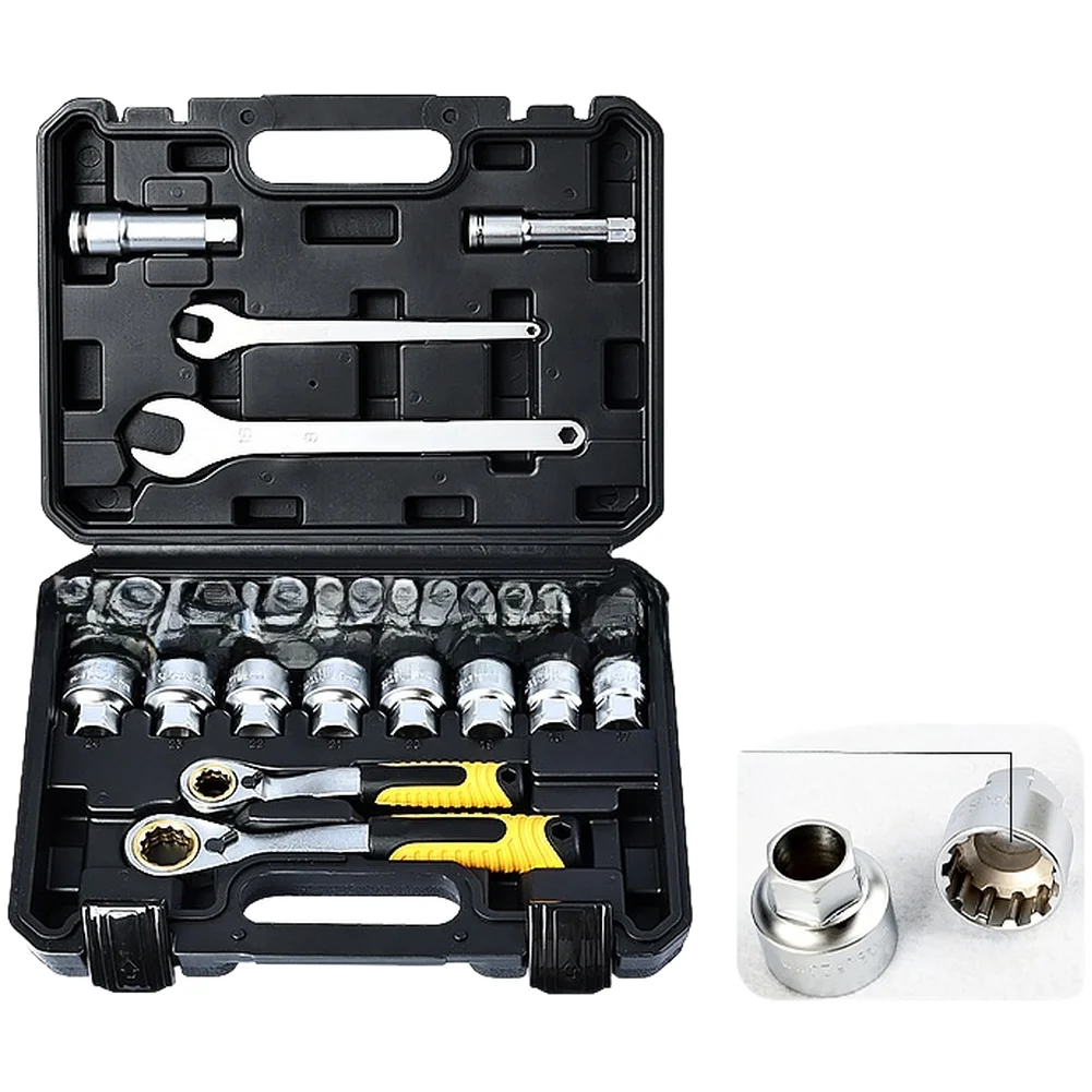 Chrome Vanadium Steel 28 Piece Ratchet Socket Set with Pass Through Capability for Mechanical Maintenance Tasks