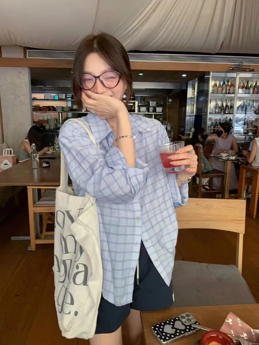 

Pure Cotton Long Sleeve Plaid Shirt Women Summer Lightweight Soft Loose Top New Lazy Shirt Jacket Women Sunscreen Regular Sleeve