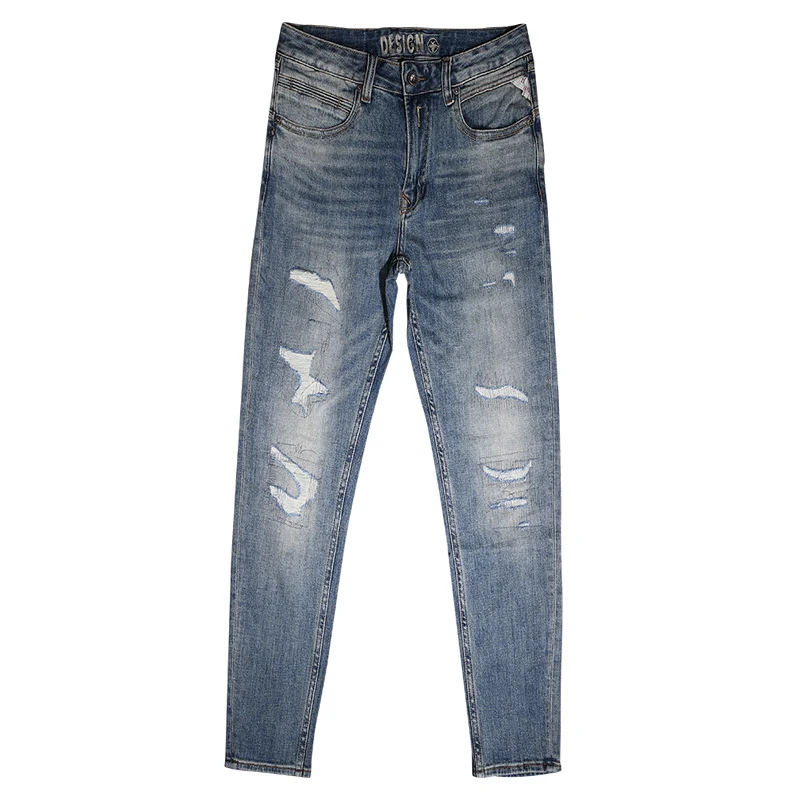 Italian Fashion Men Jeans High Quality Retro Blue Elastic Slim Ripped Jeans Men Patchwork Designer Vintage Denim Pants Hombre