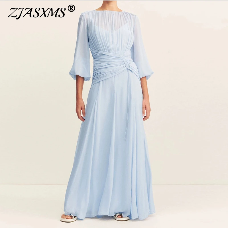 

French Casual Solid Draped Banquet Dress Elegant High Waist Pleated Long Dress Woman 2025 Spring O Neck Zip Slim Boho Maxi Dress