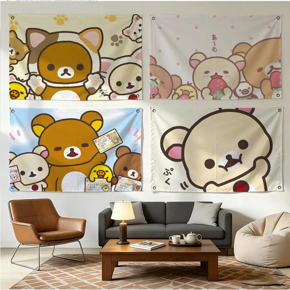 Character Cute Rilakkuma Flags Four Ring Borderless Art Decor Indoor Outdoor Use Simple Hang And Install