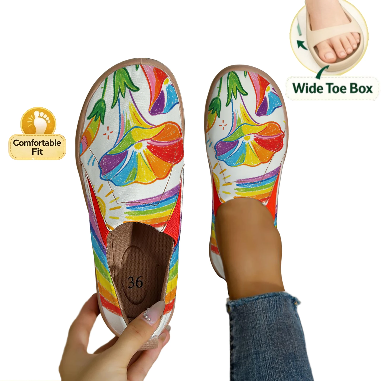 Women's  Hand‑Painted Rainbow Morning Glory Graffiti Print Slip‑On Shoes, Soft Sole Breathable Canvas Casual Walking Flats