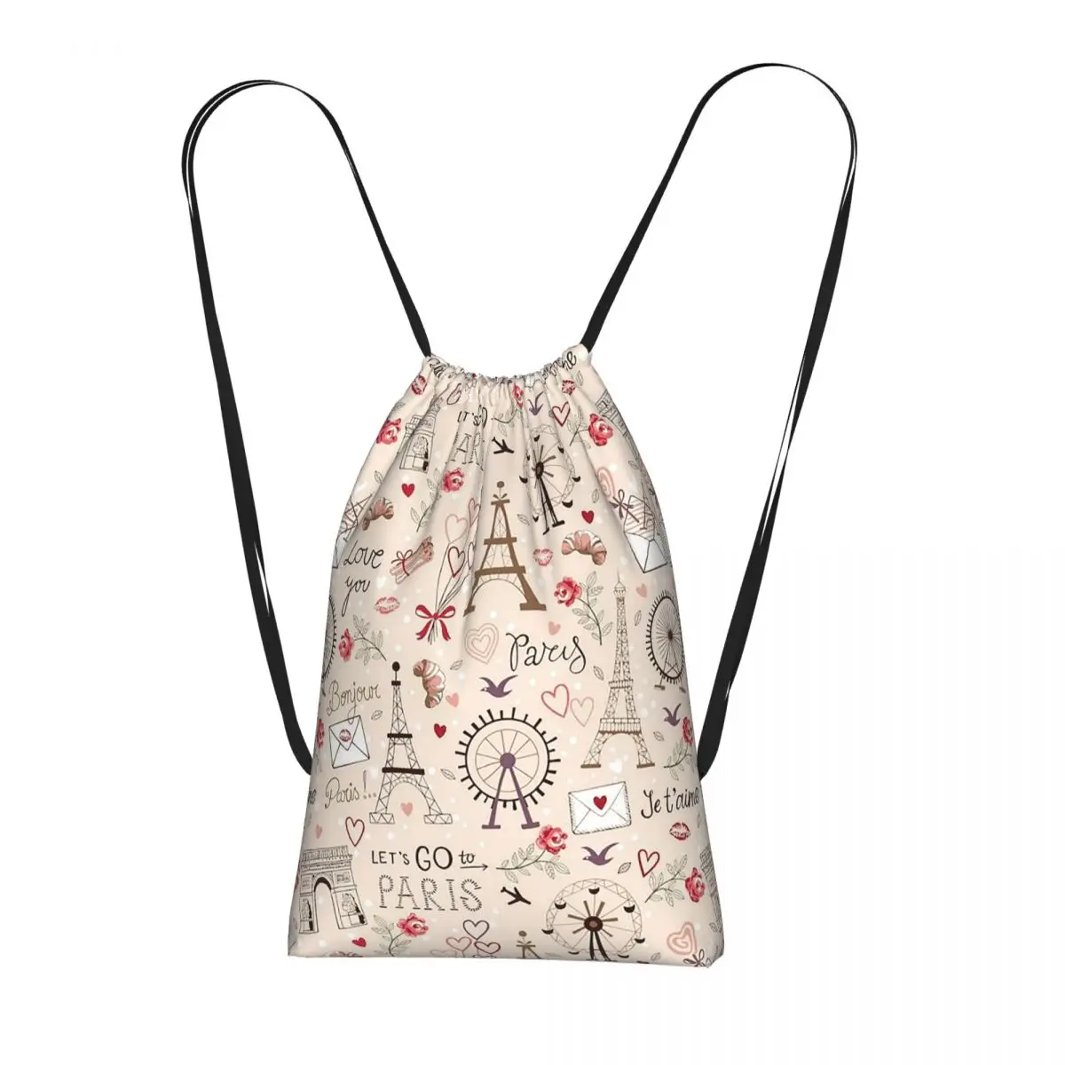 

Iron Tower Desserts And Flowers Pattern Backpacks Casual Drawstring Bundle Pocket Sundries Bag Book Bags for Man Woman Students