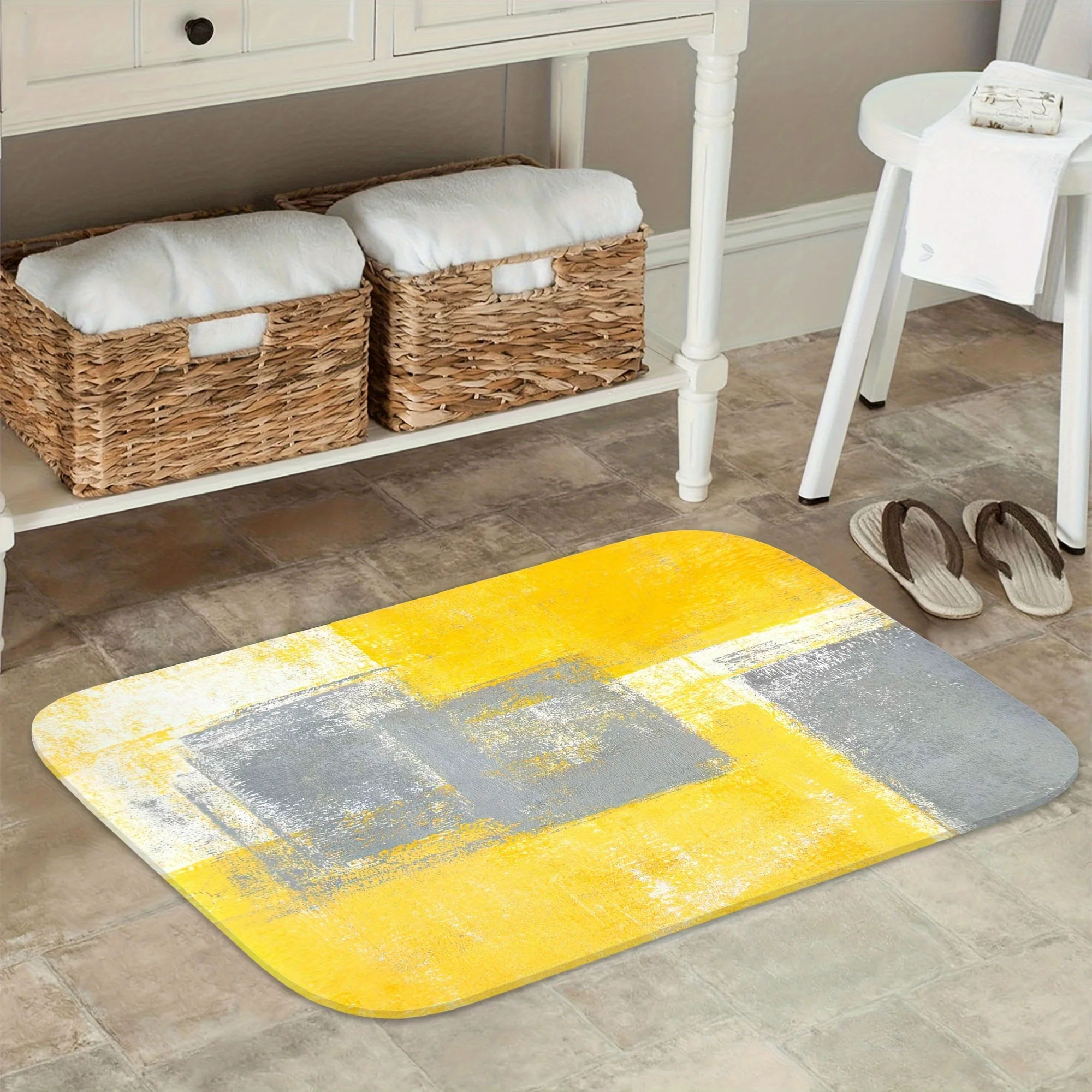 Yellow and Gray Bath Mat - Modern Geometric Non-Slip Floor Mat for Kitchen - Washable Quick-Dry Home Decor Indoor Carpet Rug
