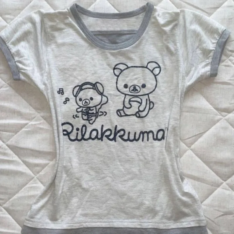 Y2K Rilakkuma Tops&Tees Japanese Cute Retro Early Flavor Grey Printed Fake Two Short Sleeved T-shirt Soft Cute Home Girl Tee New
