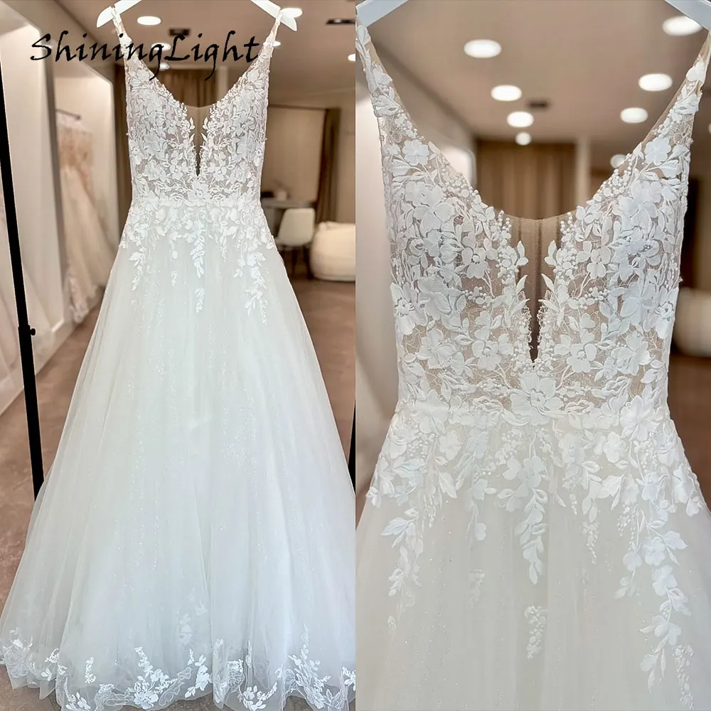 

ShiningLight Boho Lace Wedding Dresses Sleeveless Appliques Sexy V Neck A-Line Bridal Gowns Plus Size Hochzeitskleid Customized