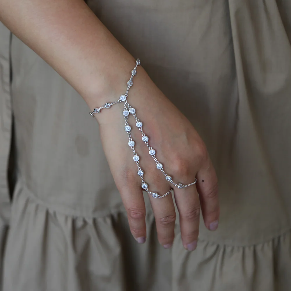 hand jewelry Sparking Clear cz station link chain wedding bridal gift elegant top quality fashion gorgeous finger slave bracelet