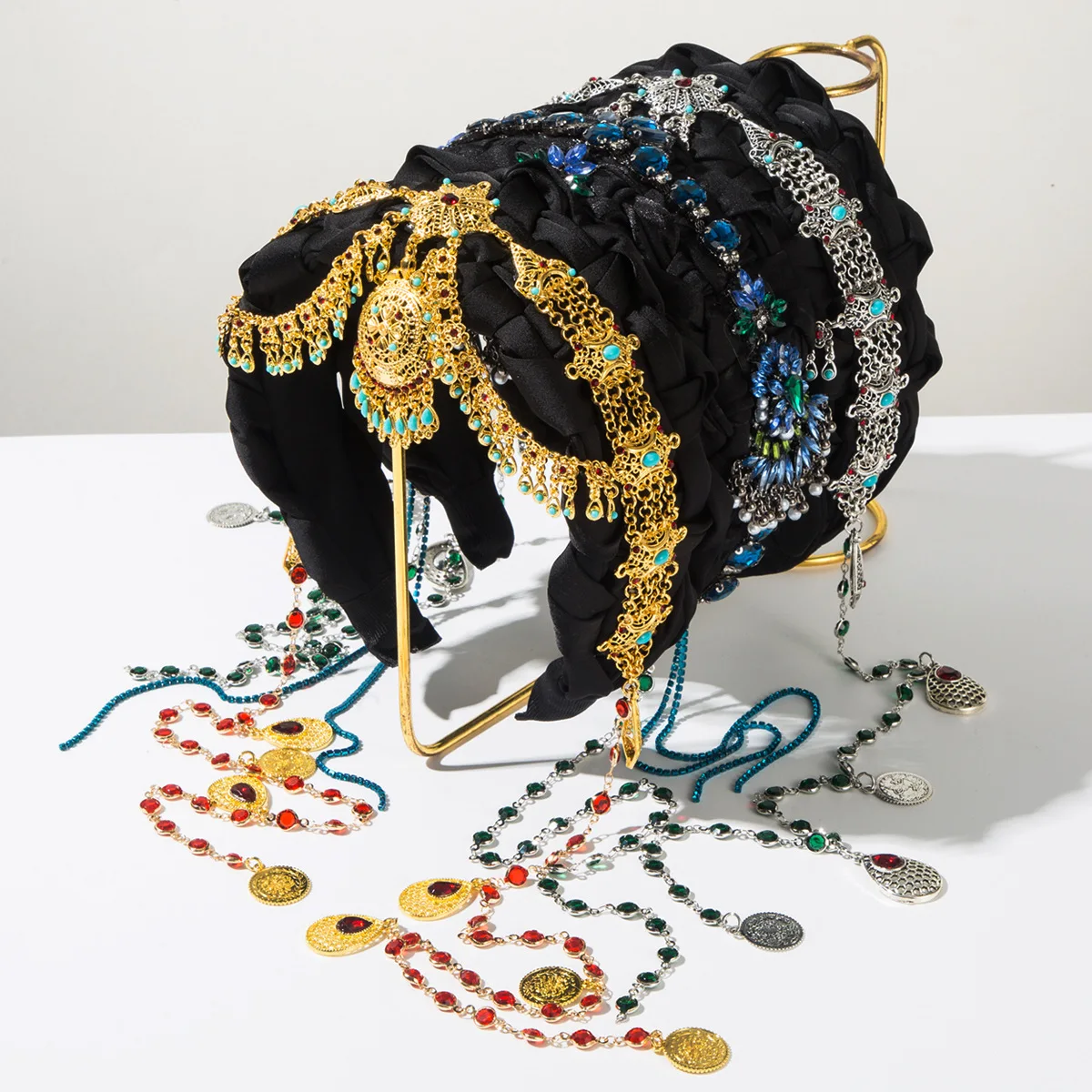 Retro New Ethnic Style Black Fringed Headband Heavy Industry Full of Diamonds Metal Pendant Retro Luxury Ball Hair Accessories