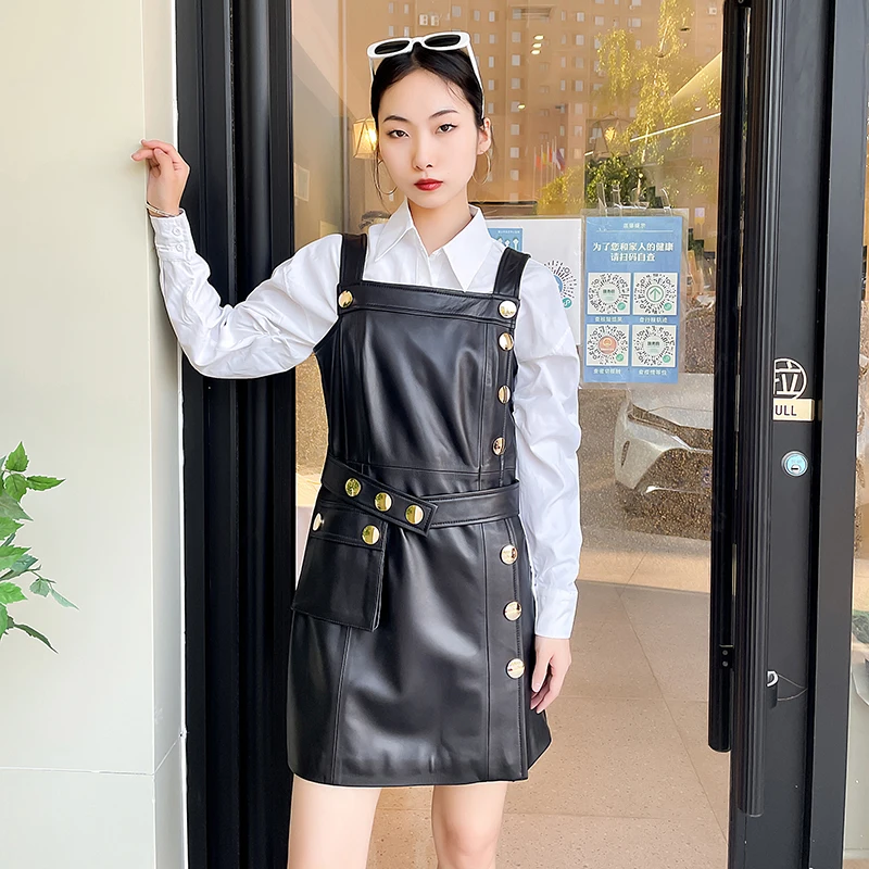 Autumn Korean Style Chic Women's Sheepskin Sundress High Quality Designer Leather Dress F135