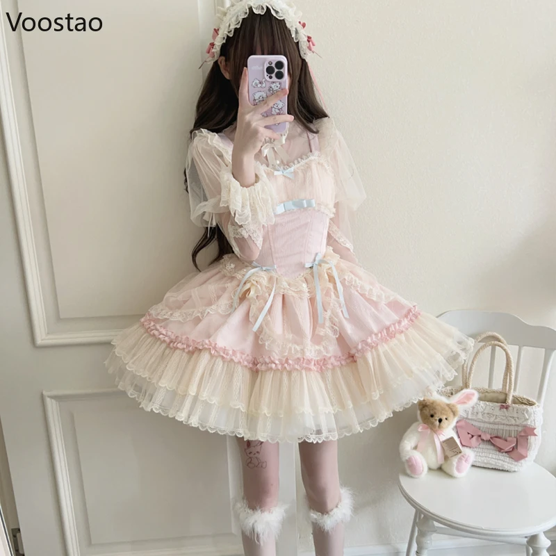 Süße elegante Lolita Jsk Kleid Frauen Kawaii Bogen Spitze Rüschen Mesh ärmellose Prinzessin Party Kleider Mädchen Ballett Stil Mini kleid