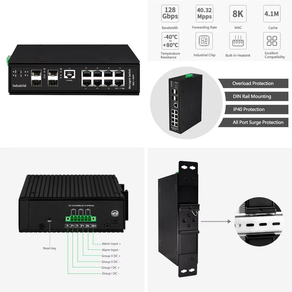 Industrial DIN-Rail 8-Port Gigabit L2+ Managed PoE Switch, 4 SFP Slots, 90W