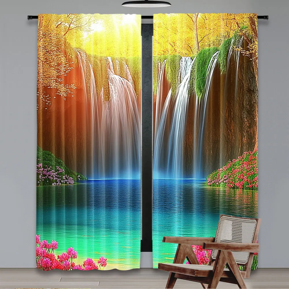 2Pcs Forest Curtain Mountain Waterfall Spring Blooming Flowers Green Lake Natural Landscape For Living Room Bedroom