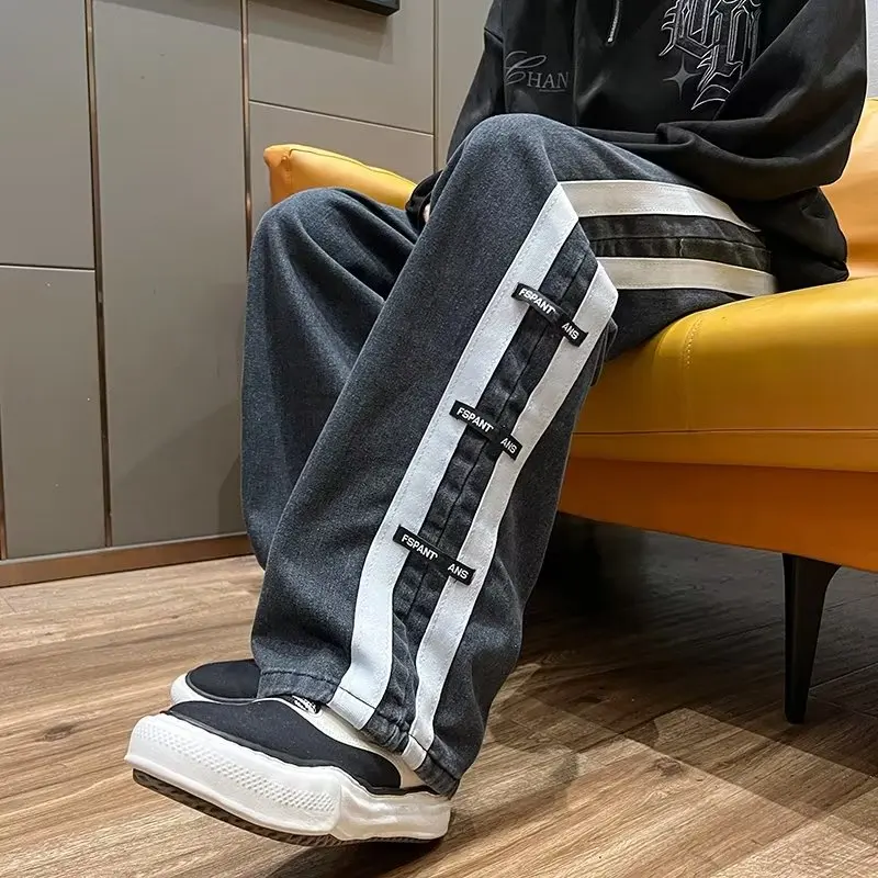 Men Jeans Pants Black Wide Leg Oversize Cargo Korean Streetwear Hip Hop Harajuku Denim Trousers