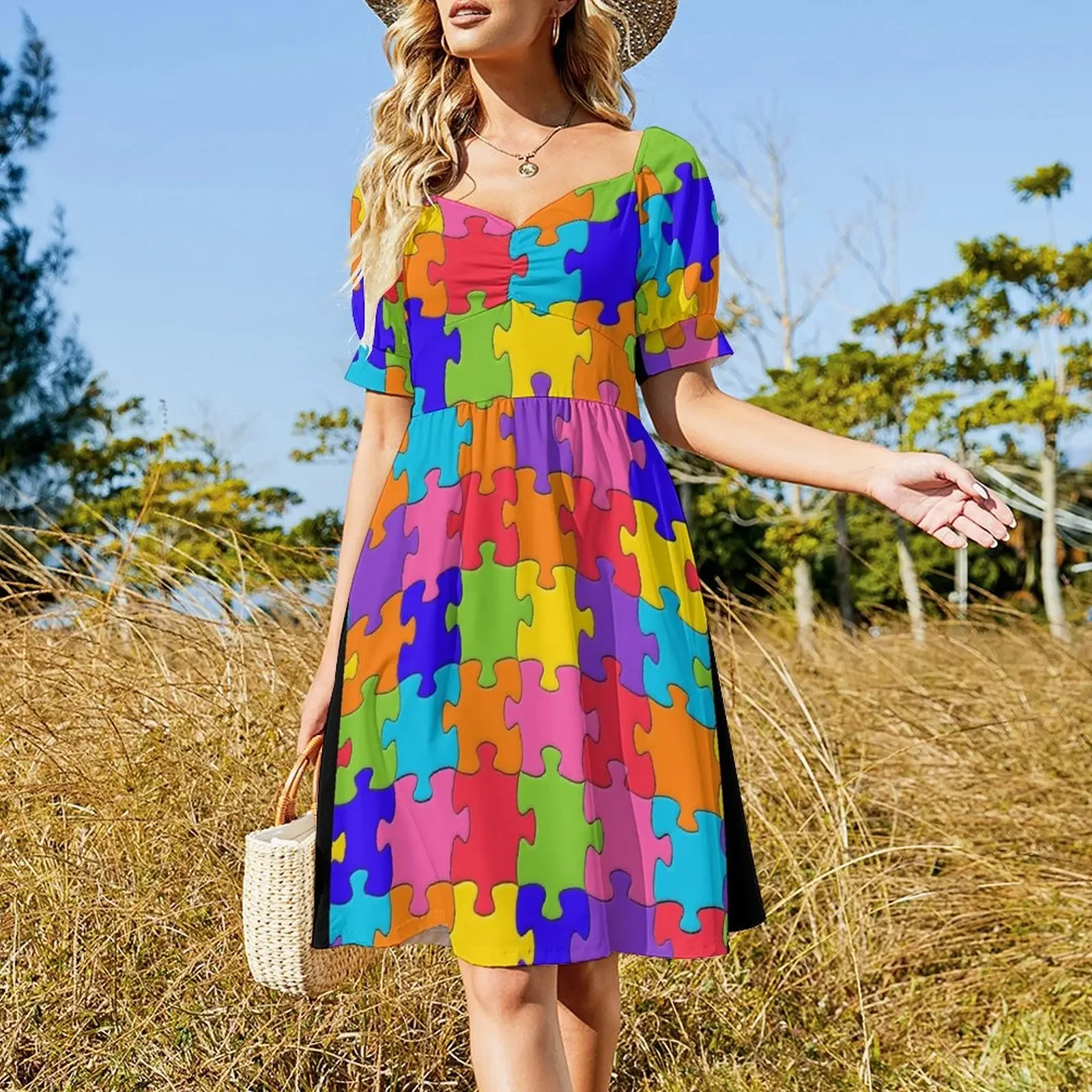 Funny Colorful Jigsaw Solved Puzzle Pieces Sleeveless Dress Dress women luxury dress