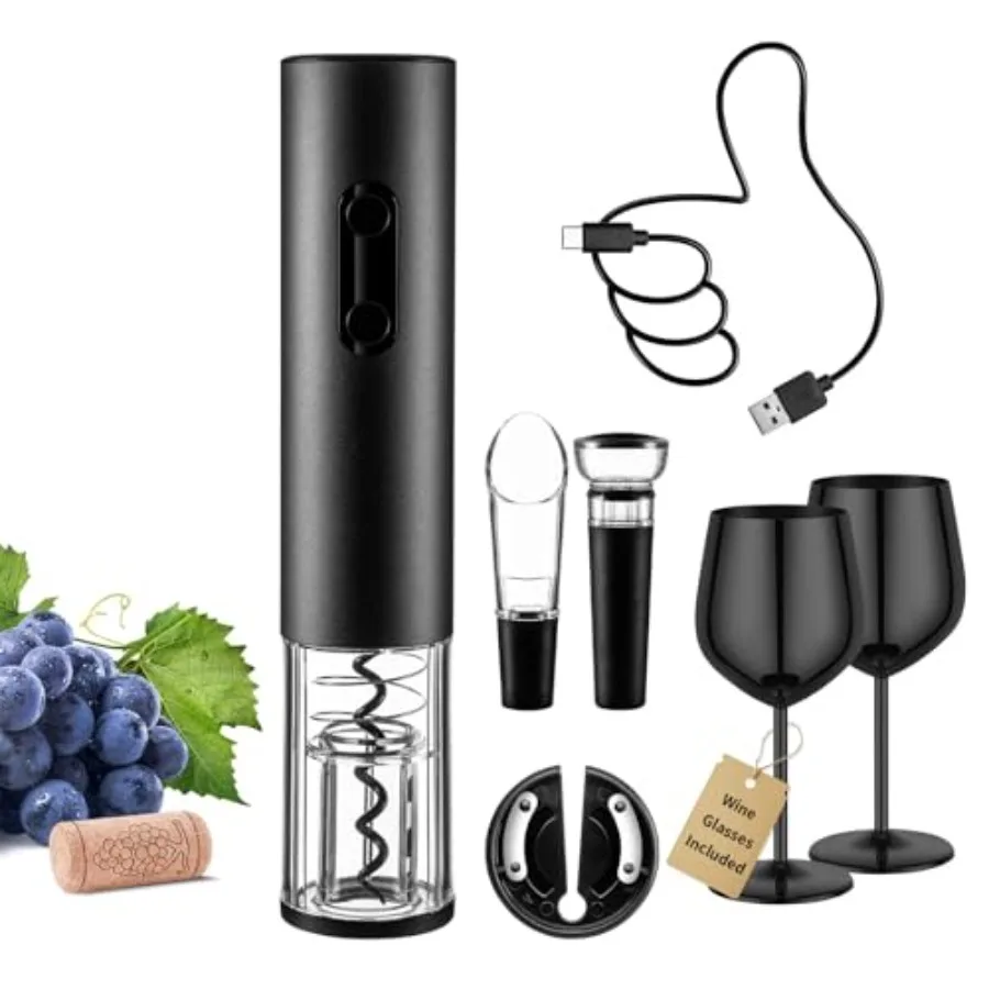 

Электрический набор для открывания вина: перезаряжаемый автоматический штопор с 2 металлическими бокалами из нержавеющей стали