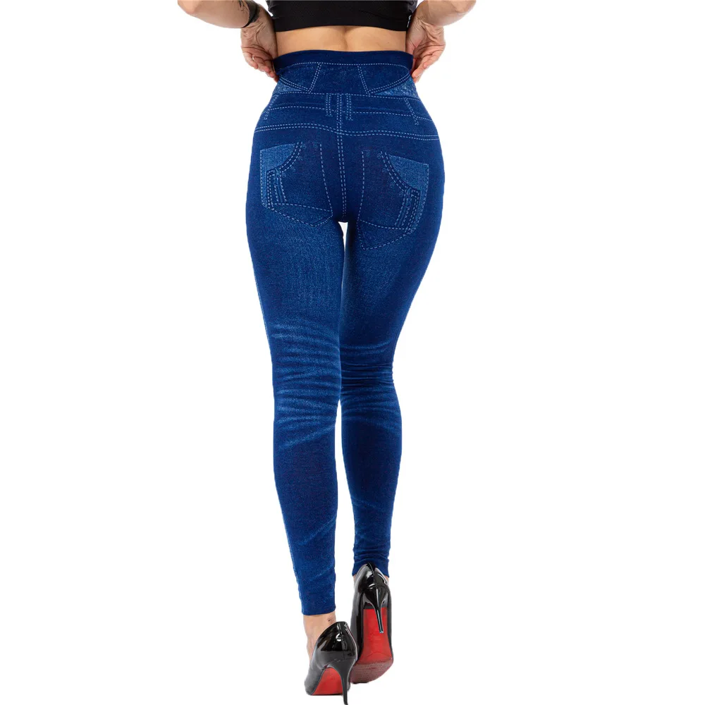 Novo falso denim legging mulheres venda quente de cintura alta cravejado contas imitação jean leggings elástico fino recortado legging calças