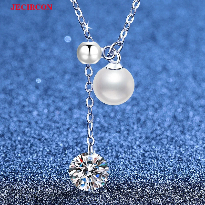

JECIRCON S925 стерлингового серебра 1CT муассанит ожерелье для женщин, корейский стиль Роскошный кулон с жемчугом и кисточкой на ключицу