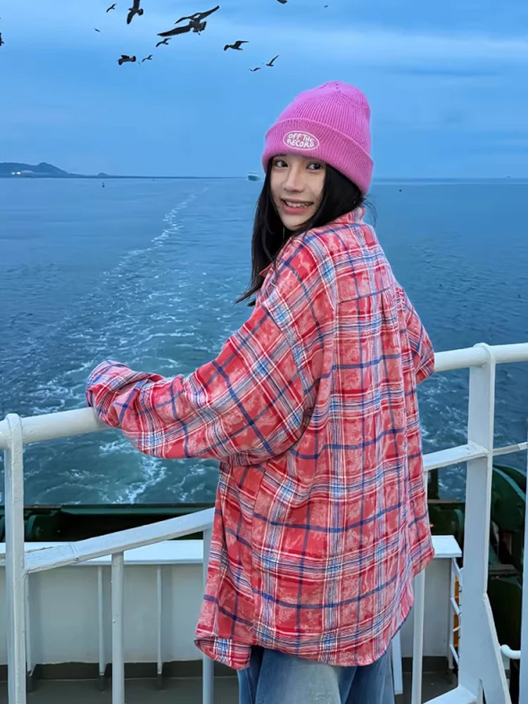 Kaos Oblong Motif Kotak-kotak Retro Amerika, Gaya Musim Gugur, Merek Trendi, Santai, Gaya Golf Awal, Pakaian Luar, Kaos Pasangan