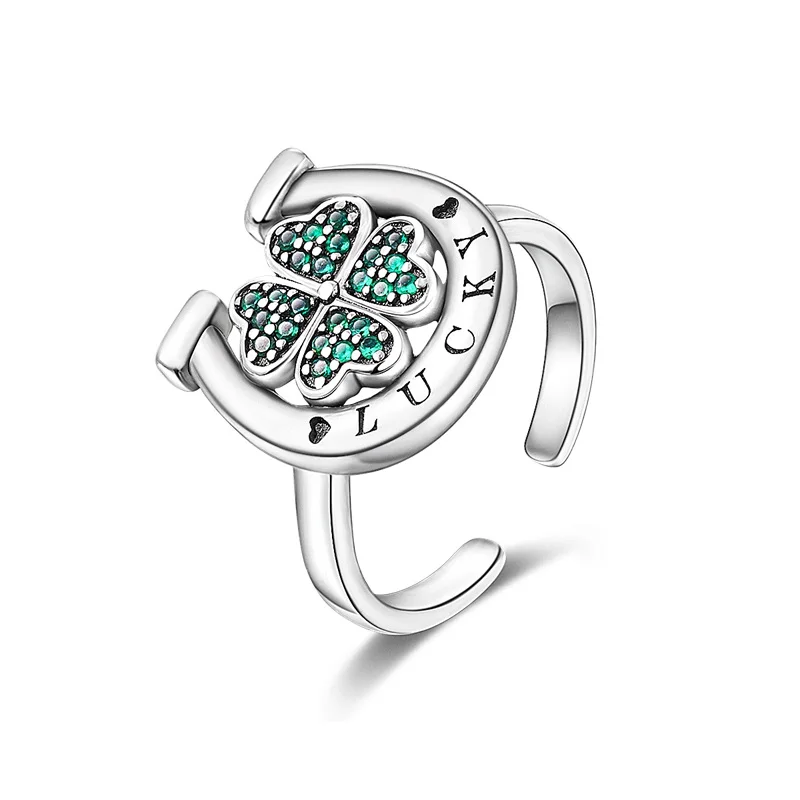 925 Sterling Silver Horseshoe Clover Zircon Open Rings For Women Girls Birthday Anniversary Jewelry Gifts