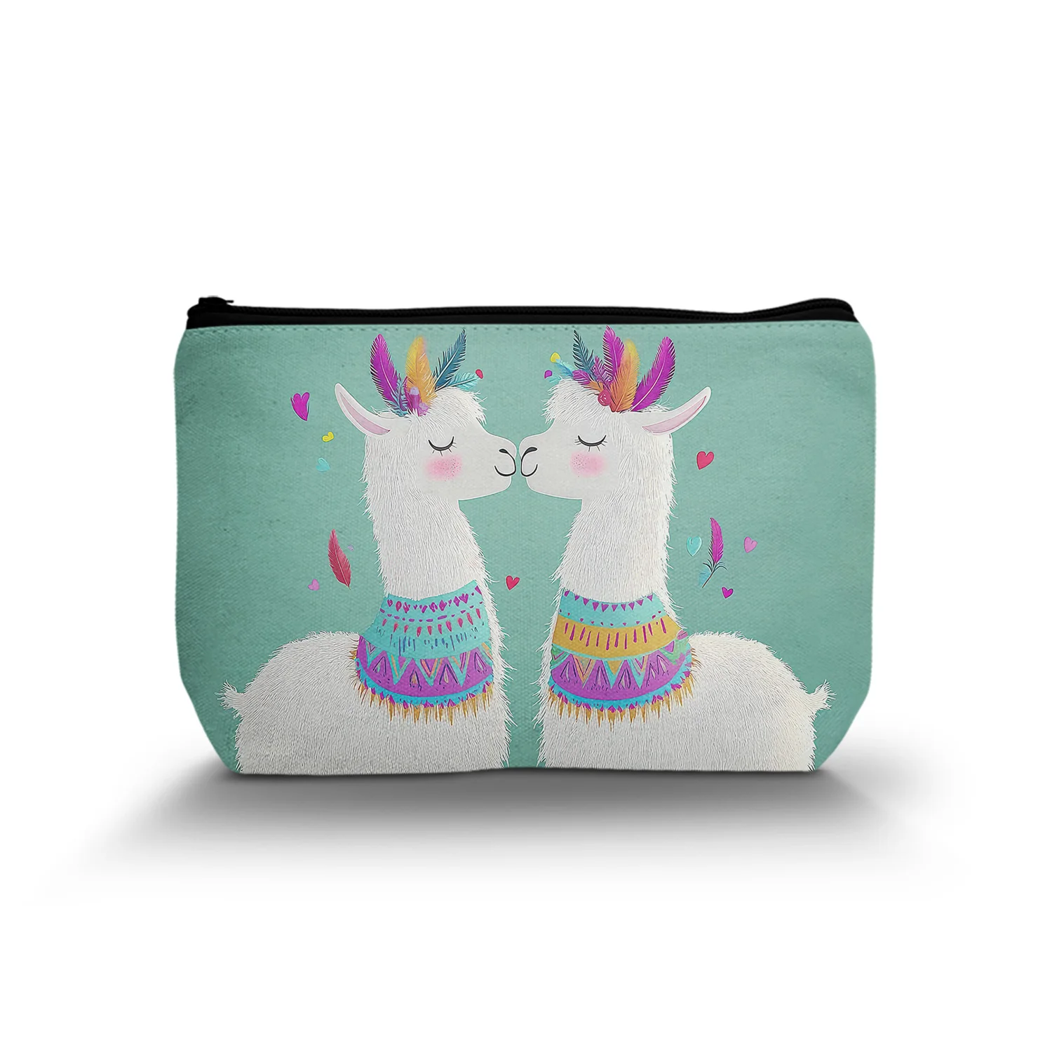 1Pc Two Intimate Alpacas Cosmetic Bags Green Background Feather Headdress Ethnic Culture Style Cosmetic Bag A 8.66X5.51Inch