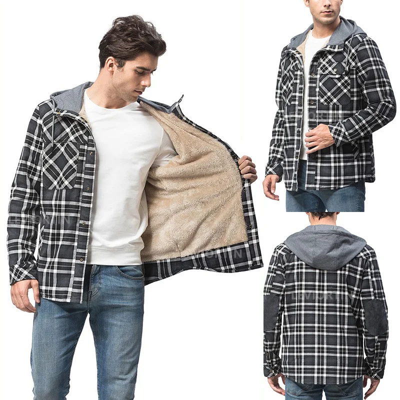Mens Flannel Hoodie Jacket Casual Thicken Fleece Lined Flannel Shirt Long Sleeve Plaid Work Flannel Button Down Warm Winter Coat