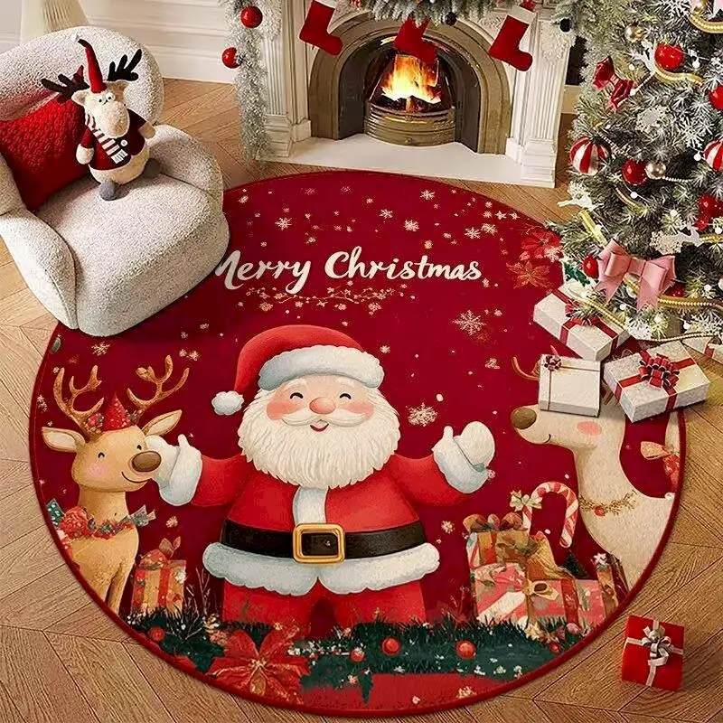 VIKAMA Santa & Reindeer Christmas Flannel Round Rug, 10 Assorted Designs, Non-Slip Washable Xmas Mat