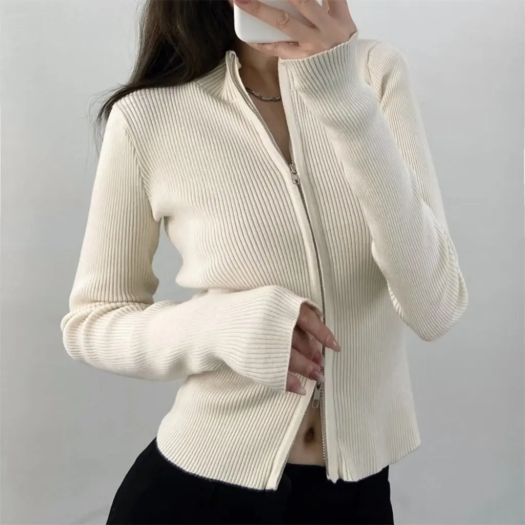 

YPFF Women's Trendy Knitted Cardigan Stand Collar Striped Slim Hooded Double Zipper Short Top for Autumn Winter