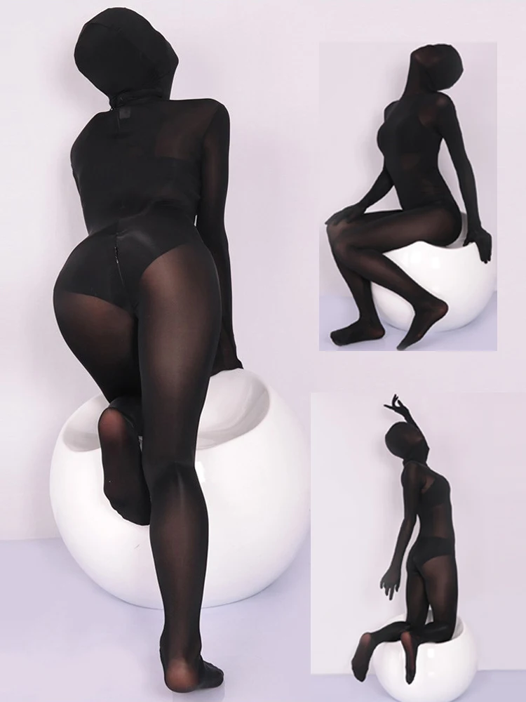 

Unisex Hooded Catsuit Finger Full Coat Bodystocking Zipper Open Crotch Bodysuit Tights Leotard Conjoined Jumpsuit Unitard Zentai