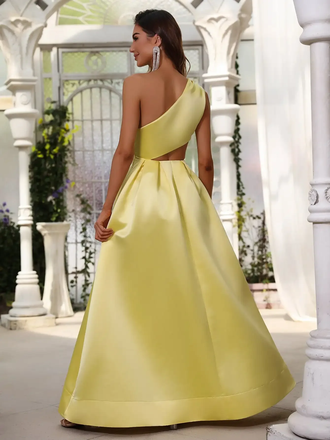 One Shoulder Cut Out Waist Satin Prom Party Dress & Evening Dress