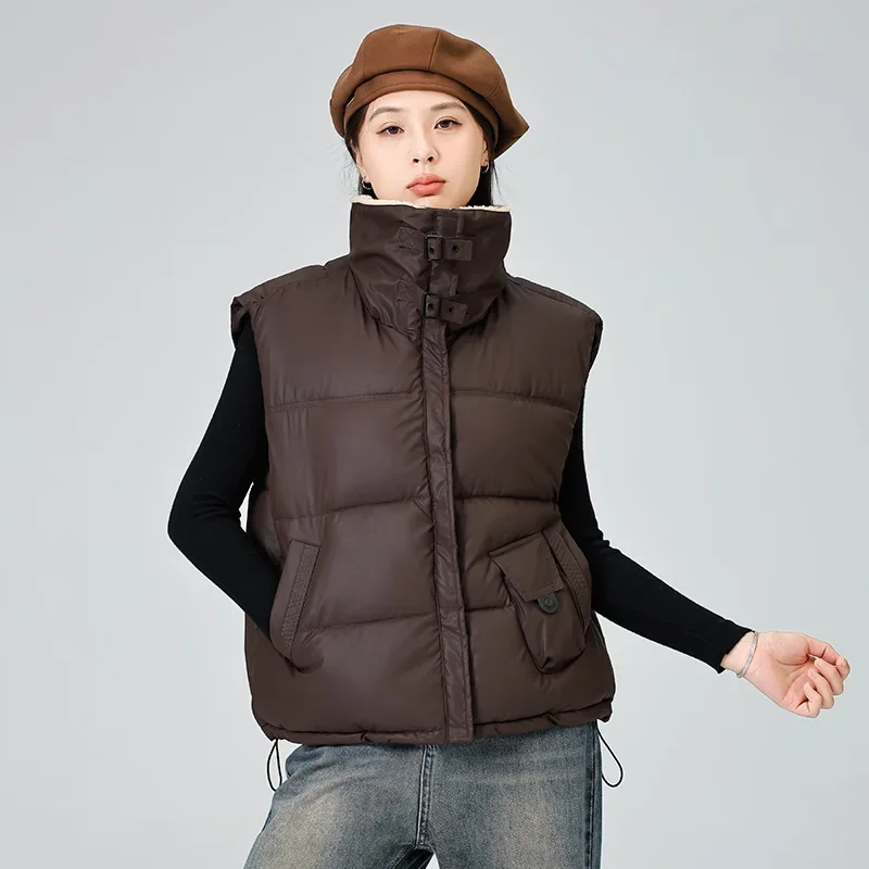 Faux Lamswollen Kraag Katoen Gevoerd Vest Dames Winter Lichtgewicht Warm Mouwloos Gewatteerd Jasje Chique Opstaande Kraag Korte Parka's
