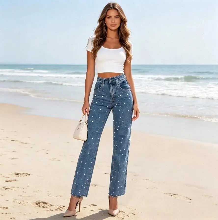 Pant Women Jeans Vintage Straight Pants Beaded Pearls Frayed Hem Irregular Waist Trousers Y2k Streetwear Elegant Splice Work