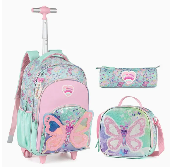 Backpack with Wheels for Girls Rolling Backpack Cute Carry on Backpack Kids Luggage with Lunch Box Pencil Case Elementary School view 3