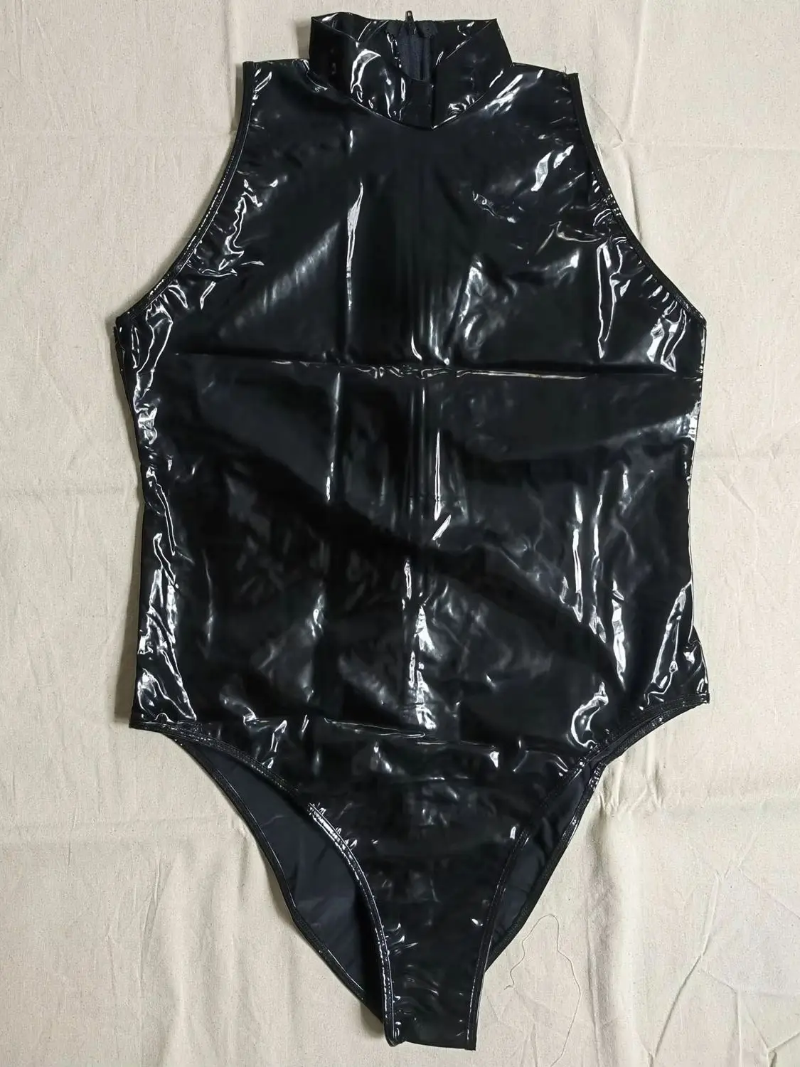 Wet Look PVC Sleeveless Catsuit Shiny PU Leather Tank Bodysuit Tights High Cut Sukumizu Swimsuit Body Teddies Leotard Unitard