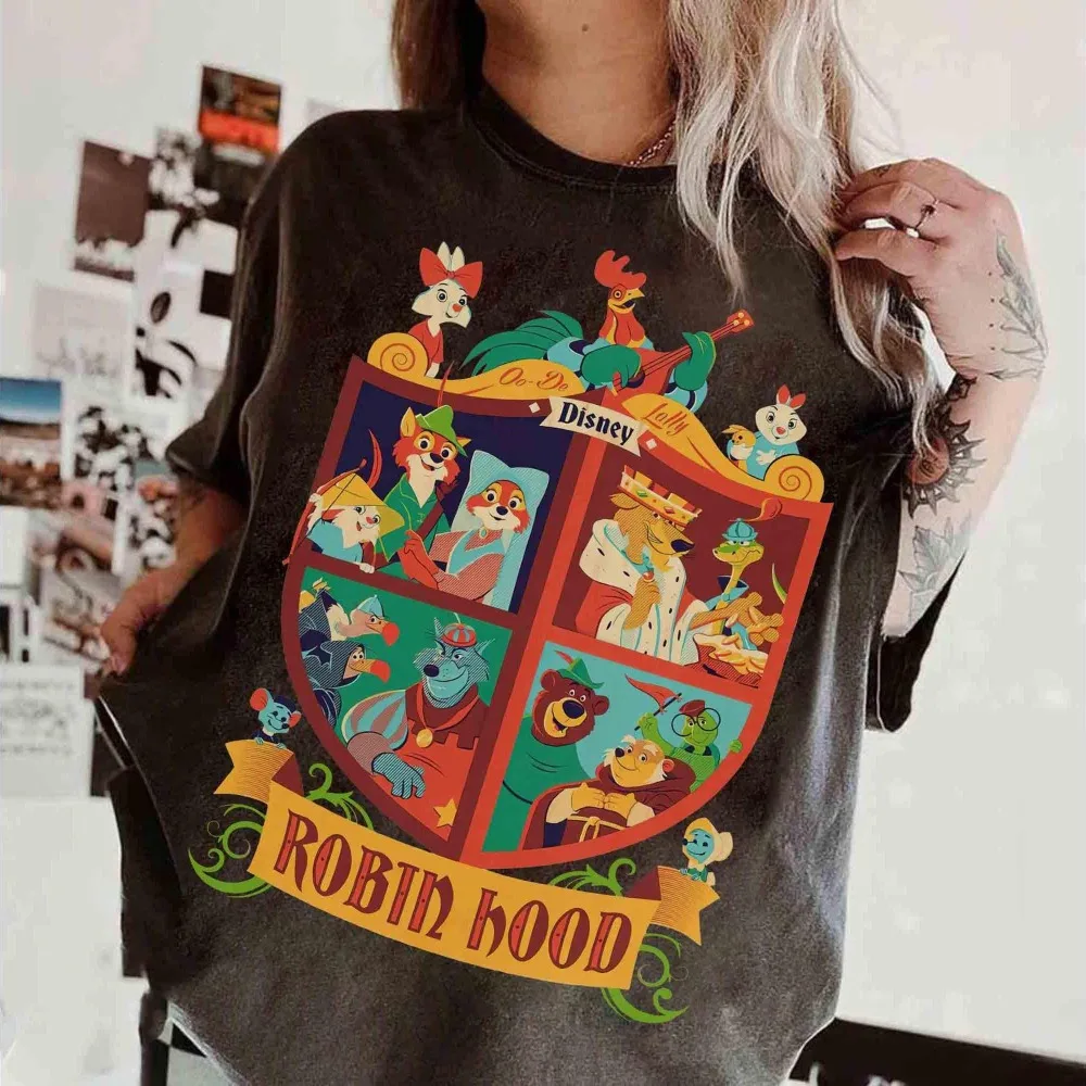 Camisa retro de tiro de grupo de personajes de Robin Hood de Disney, camiseta de Little John Skippy Sir Hiss Maid Marian, familia del Reino Mágico