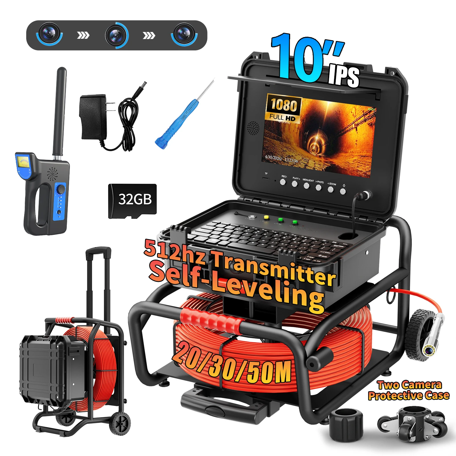 

Sewer Pipe Inspection Camera 512Hz Self-Leveling 10" HD Screen, Probe 5X Zoom Waterproof Endoscope Camera 12 LEDS with Pull Rod