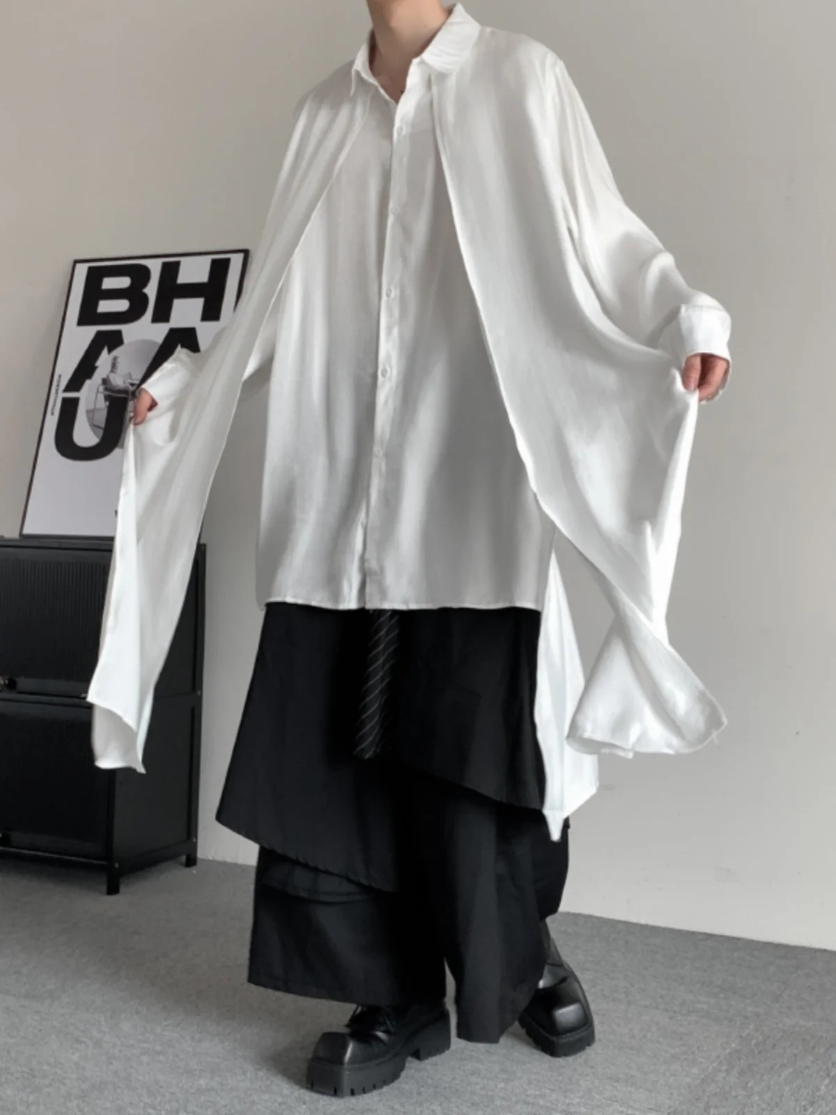 

Ele Long Sve Men's irt Spring Autumn Sle Dapper Wastrel Design Viscose Fiber Loose Fit Youthful Trend Spacious