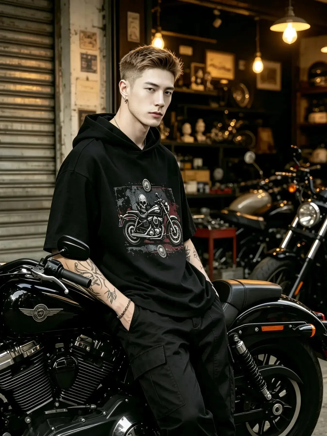 Vintage Biker Devil Skull Graphic Short Sleeve Hoodie Men Motorcycle Street Tee
