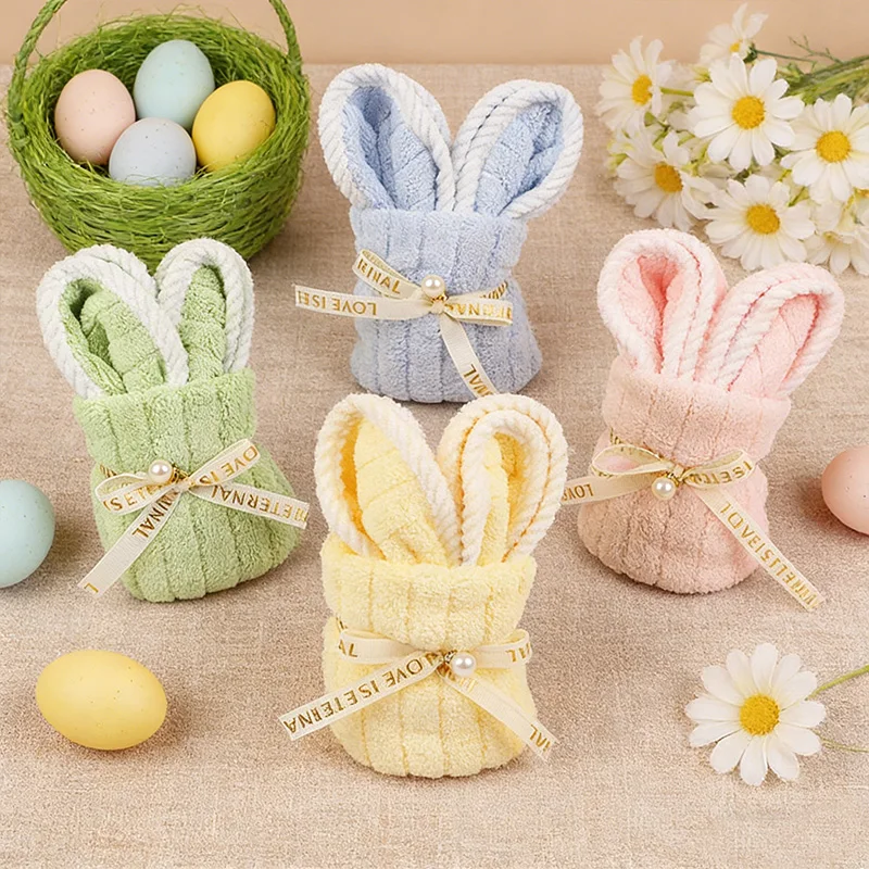 5pcs Colorful Coral Velvet Rabbit Towel With Ribbon Soft Reusable Kids Birthday Easter Valentine's Day Gift Home Bathroom Decor