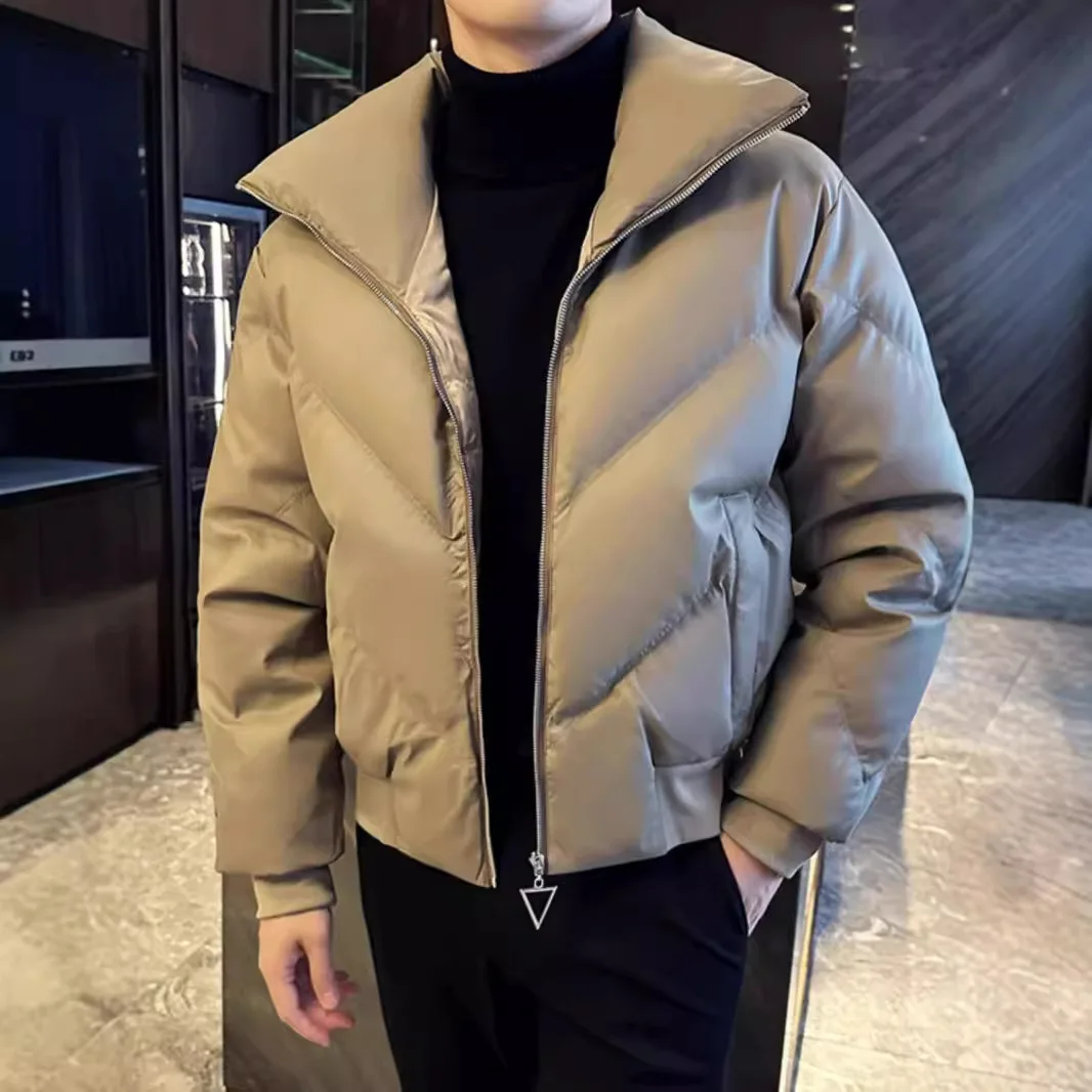 

2025 Korean Style Autumn Winter Fashion Men's Stand Collar Long Sleeve Solid Color Casual Trendy Simple Basic Daily Parkas Male