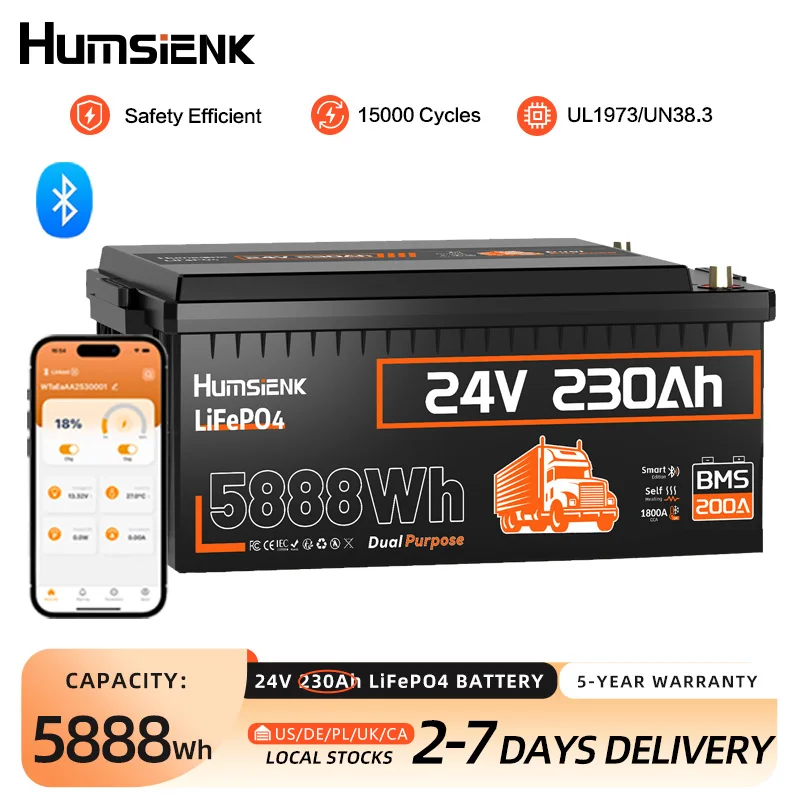 Humsienk 24V 230Ah LiFePO4 Battery Dual‑Purpose Self‑Heating 1800CCA Capacity 5888Wh 200A BMS Bluetooth 5-Year Warranty for Heavy-Duty Truck Starter Battery Emergency Vehicle RV Solar Energy Storage Off-Grid