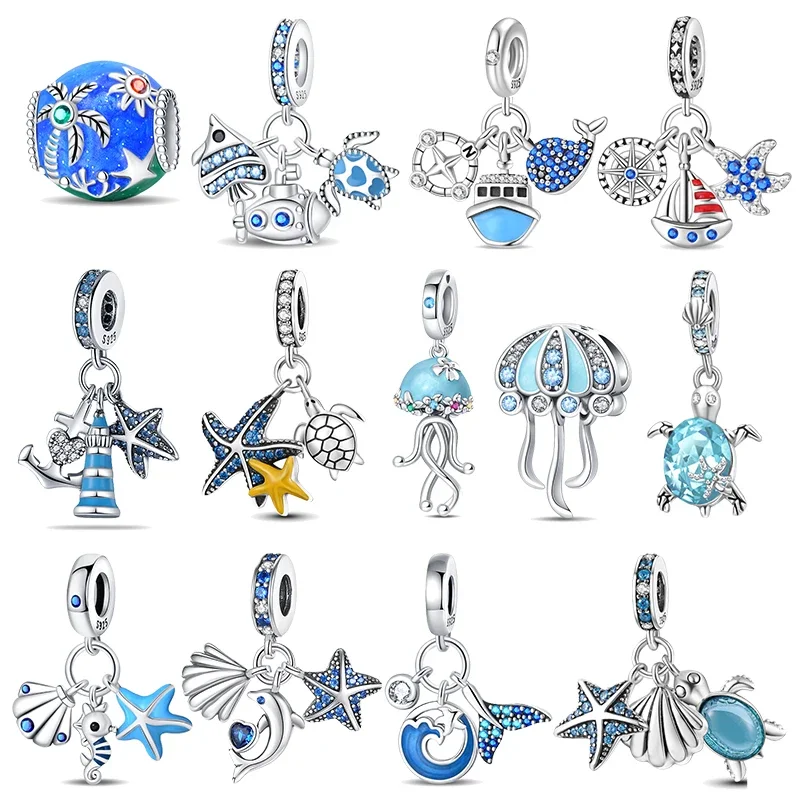 925 Sterling Silver Blue Ocean Ship Lighthouse Starfish Turtle Dolphin Charms Pendants Fit Bracelets DIY Jewelry Gifts