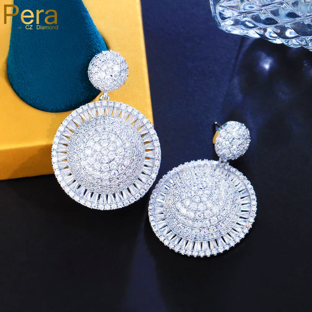 Pera Genuine Shiny White CZ Zircon Long Dangle Big Round Drop Earrings Wedding Dinner Jewelry for Bridal Party Accessories E537