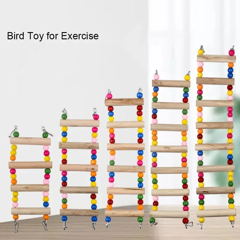 Natural Wood Birds Pets Parrots Ladders Climbing Toy Hanging Colorful Balls Parrot Toys for Conures Parakeets Cockatiels