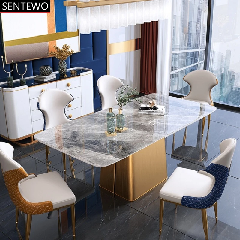 Popular Luxury Marble kitchen dining tables 4 dinner chairs Metal Titanium glaze gold frame dinner table chair set chaises salle