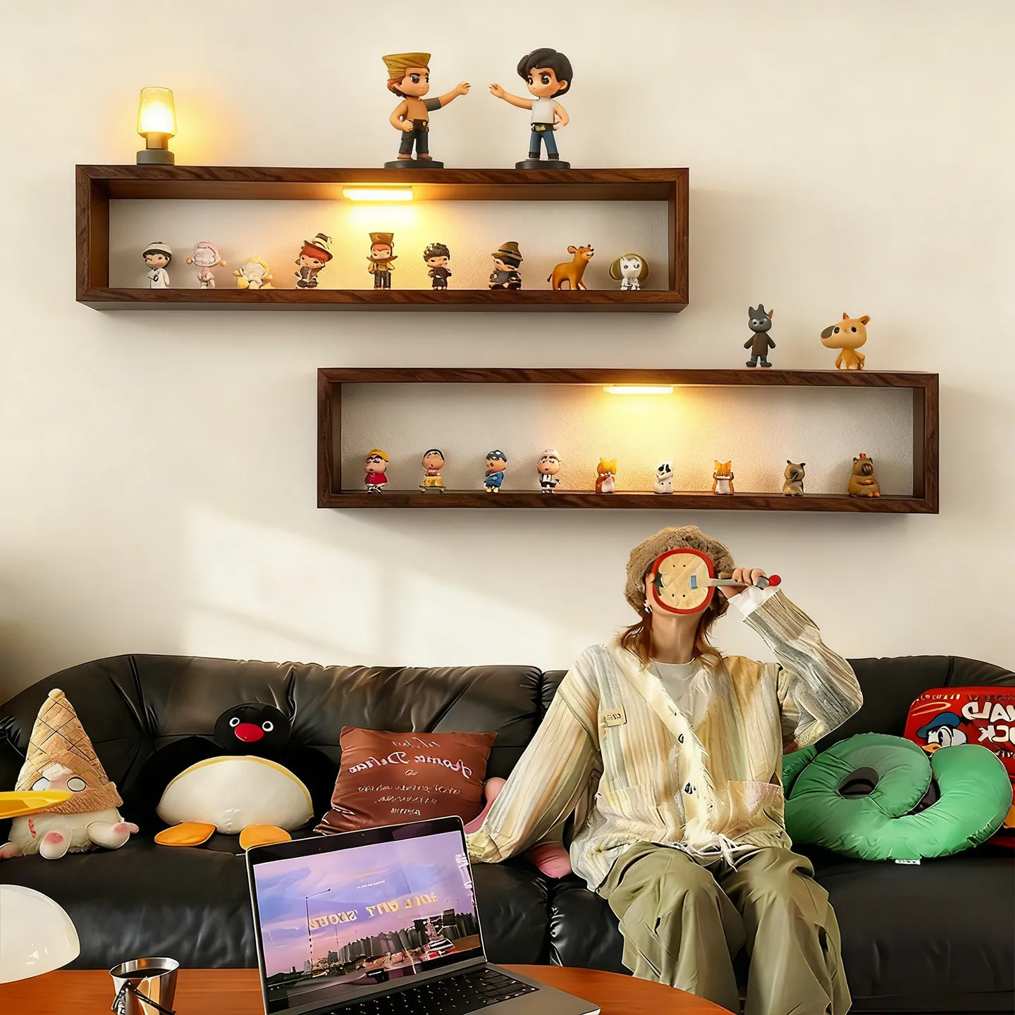 Wooden storage rack on the wall,household wall-mounted blind box figure display rack,living room background wall,wall storage