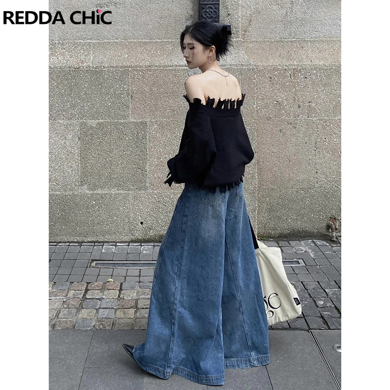 REDDACHiC ICON Women Whiskers Baggy Jeans Seam Stitched Solid Low Rise Do Old Denim Elephant Bell Bottoms Casual Vintage Clothes