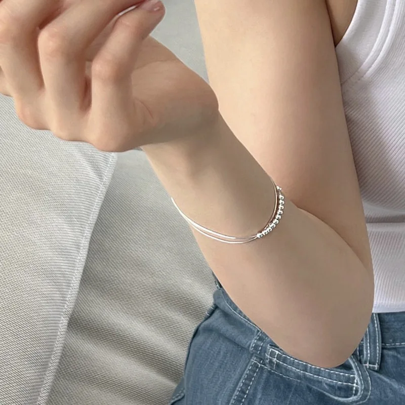 Silver Color Double Layer Snake Bone Bracelet Female Interval Round Beads Bracelets Korean Small Fresh Jewelry Gifts