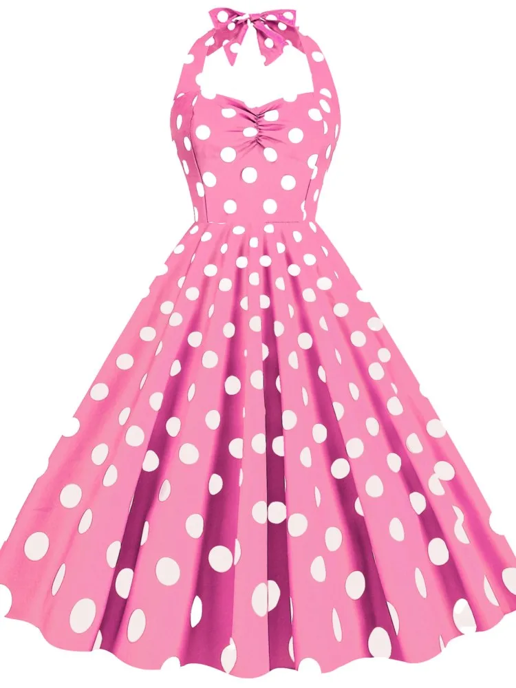 

2026 A-line Dress Vestido Dresses Woman Retro Temperament Elegant Party Prom Neck Halter Polka Dots Contrast Leace-up Sleeveless