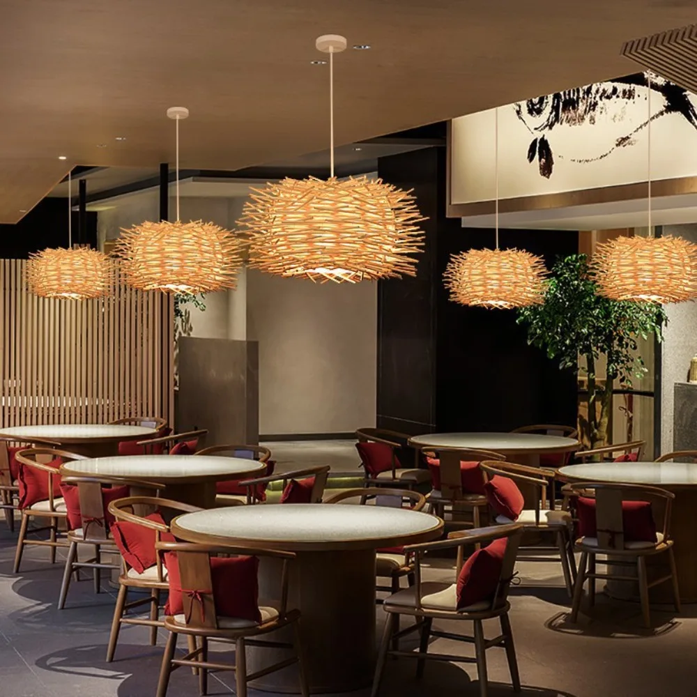 

JOYINLED Farmhouse Chandelier Japanese Style 30CM Rattan Pendant Light Bamboo Bird Nest Ceiling Lamp Restaurant Home Lighting