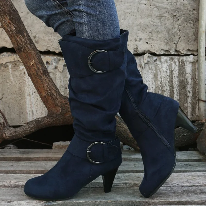 Women Platform Cowboy Boots Women Autumn Winter Fashion Slip on Mid Heel Ladies Retro Suede High-heeled Belt Buckle Ankle Boots